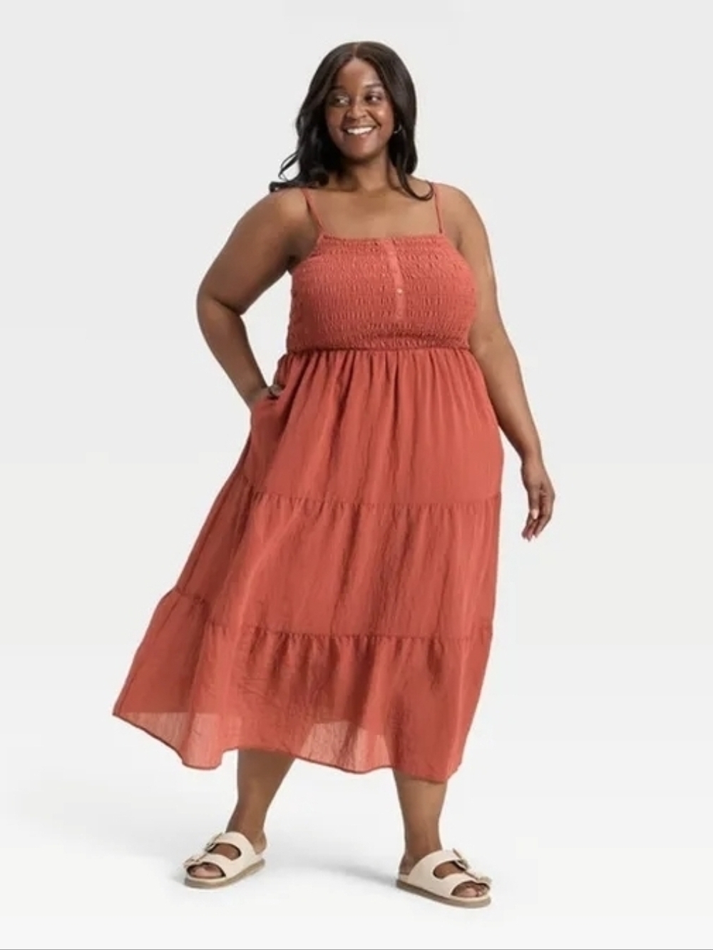 Universal Thread Women's Button-Front Smocked Maxi Sundress, Rust Size XXL